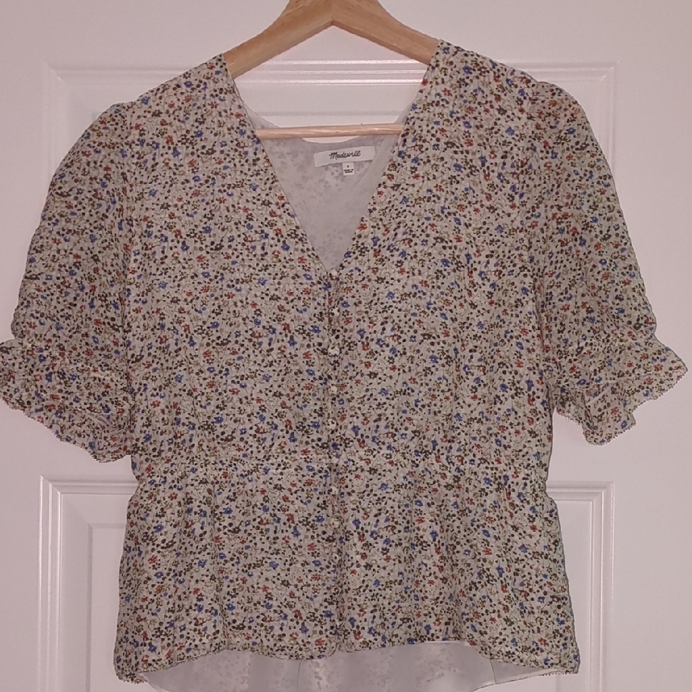 Silk V-Neck Peplum Popover Top in Fieldwalk Floral by Madewell